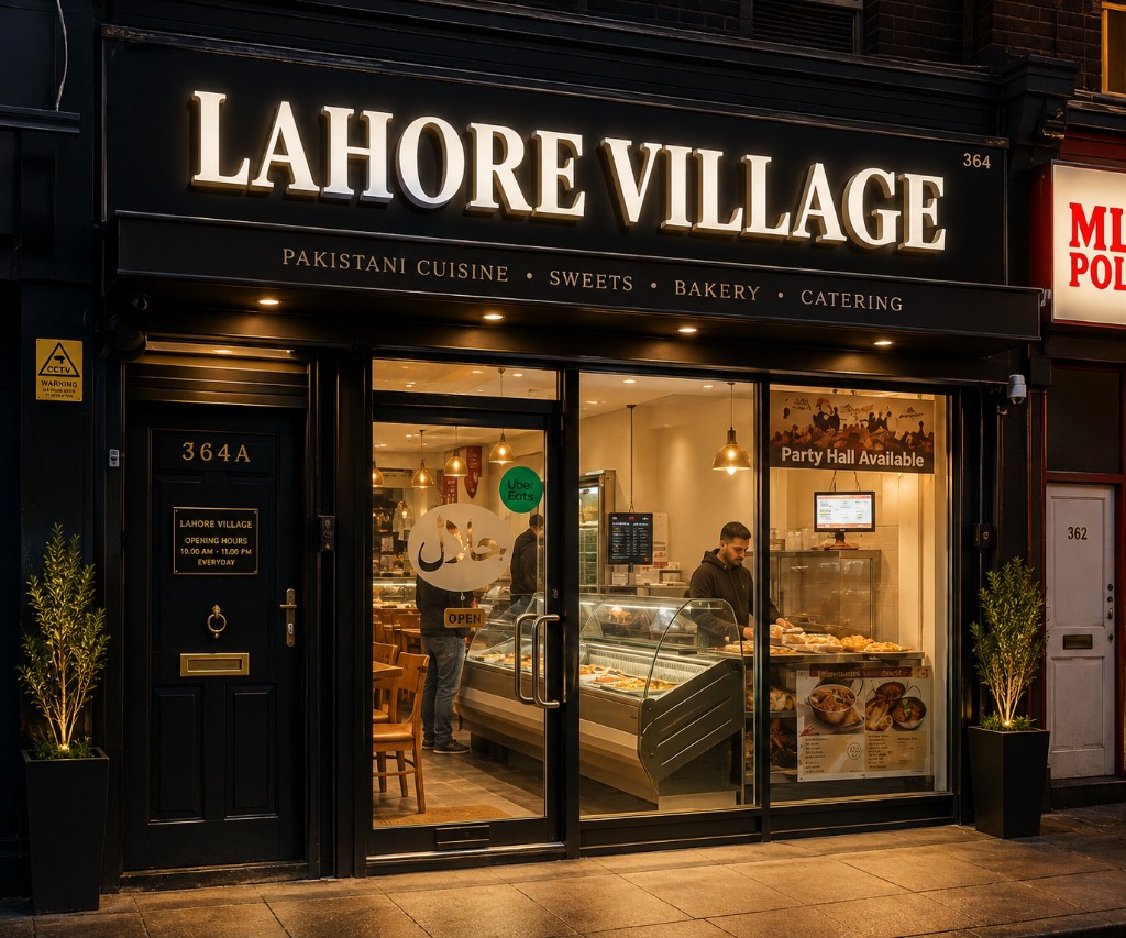 The Lahore Village shopfront glowing at night on Uxbridge Road